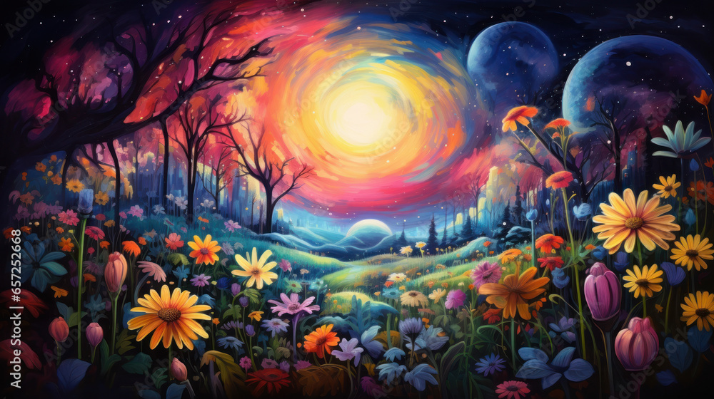 Fototapeta premium Abstract Cosmic Garden Fairytale With Radiant Sun And Boho Flowers Amidst Galaxies. Cosmic Fairytale Landscape Background. Generative AI
