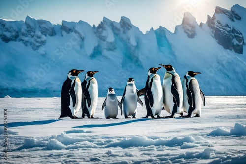 A family of penguins huddled together on an Antarctic ice shelf © Muhammad