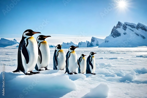 A family of penguins huddled together on an Antarctic ice shelf © Muhammad