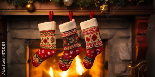 christmas socks on a fireplace mantel background