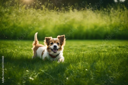 A little dog happily rolling around in a grassy field