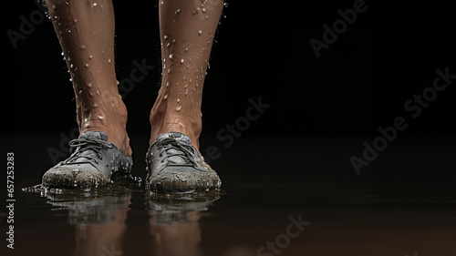 Schuhe mit Beinen stehen im Regen Querformat, ai generativ