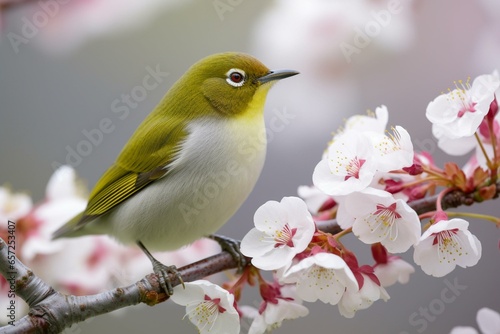 An image showing a white-eye bird perched on a cherry blossom branch. Generative AI