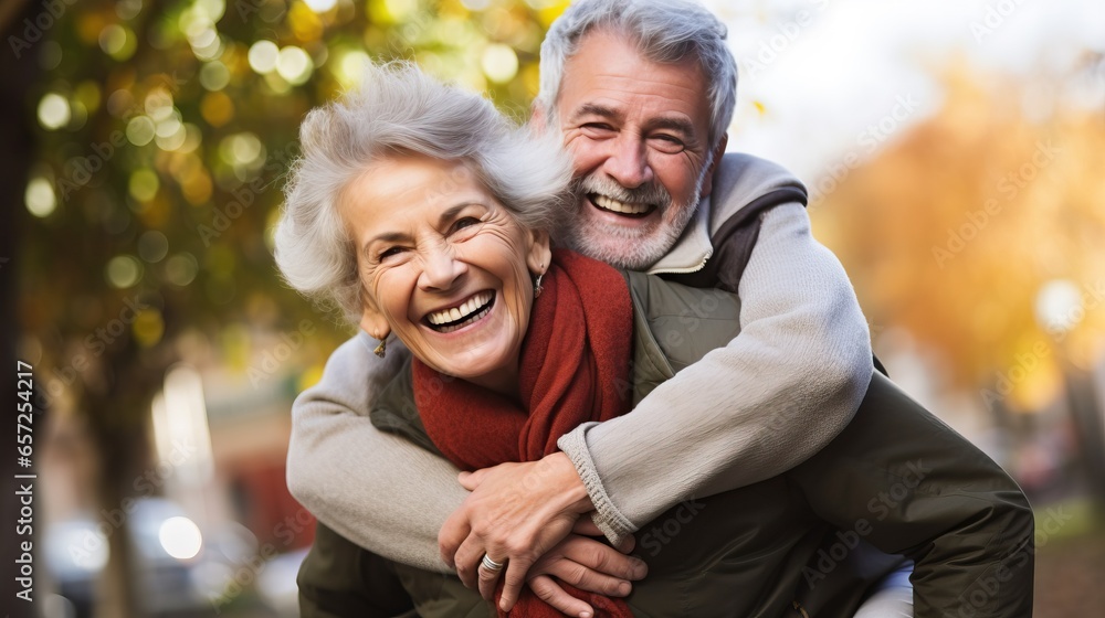 Senior couple embracing in the park on an autumns Senior couple embracing in the park on an autumns
