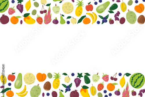 Fruity horizontal banner with copy space.  Rectangle frame full of different exotic fruits. Template design with tropical related background. local farmers food. Hand drawn flat vector illustration