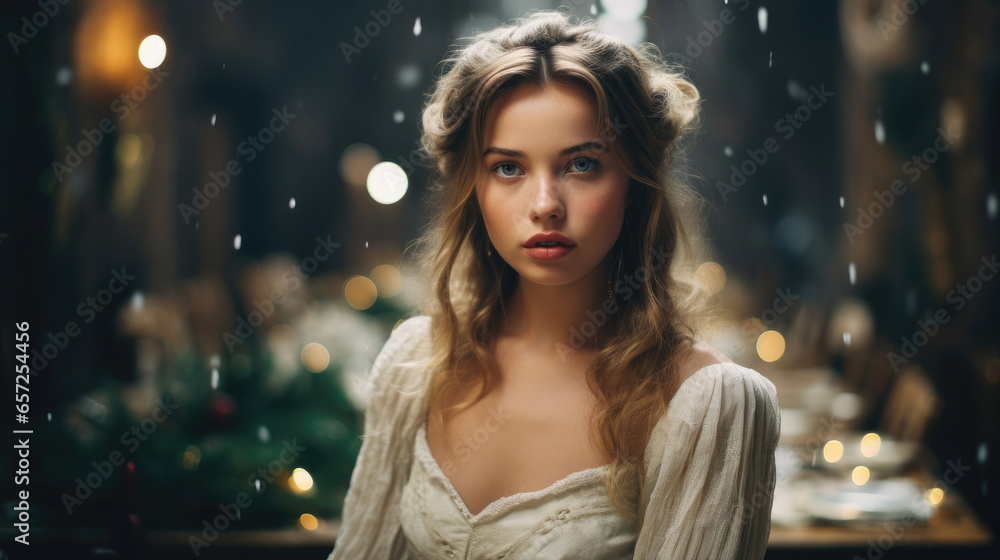Sexy model in a white dress in a vintage house with christmas decorations Sexy model in a white dress in a vintage house with christmas decorations