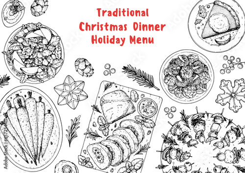 Christmas food. Christmas dinner. Holiday menu. Food design template. Engraved style background. Food and drink set. Hand drawn sketch, design template.