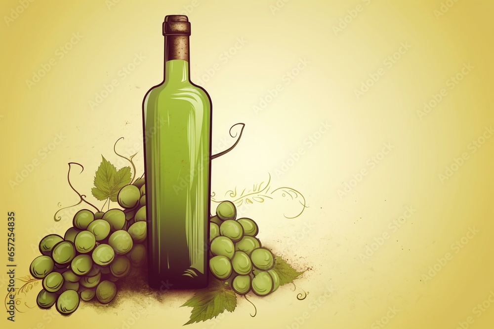 illustration of mature grape and wine bottle. blank area for text. Generative AI