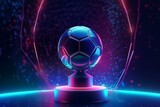 Abstract background with a football ball object illuminated by neon light. Sports symbol in 3D illustrator with trophy cup element. Night glitter effect adds spacey vibes. Generative AI