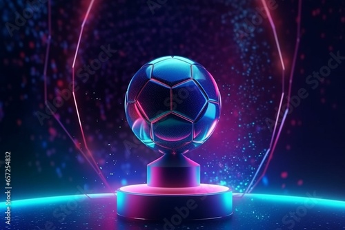 Abstract background with a football ball object illuminated by neon light. Sports symbol in 3D illustrator with trophy cup element. Night glitter effect adds spacey vibes. Generative AI photo
