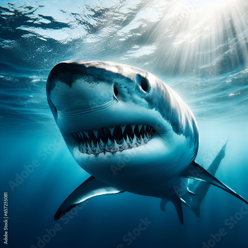 Front Portrait of Shortfin  Mako  Blue Pointer  Bonito Mackerel Predatory Shark Showing Teeth and Pointed Snout Swimming in the Tropical Temperate Ocean Sea. One of the Fastest Creatures on Earth