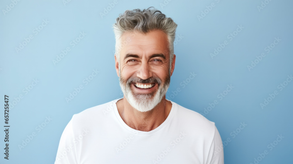 Portrait of handsome bearded elderly man keeps self confident cheerful expression at camera wears formal shirt and spectacles for vision correction isolated on blue wall - obrazy, fototapety, plakaty 