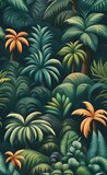 Tropical trees landscape wallpaper design, brush texture, plant and leaf, forest bacground, vintage, mural art, Generative AI