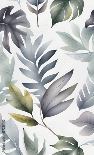 The painted leaves on top. Photo wallpapers for the wall. Mural in the living room. Watercolor leaves. Tropical leaves on a gray background, Generative AI