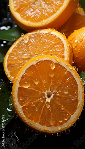 Vibrant fresh orange slices covered with clear drops of pure water