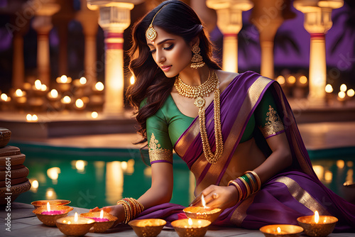 Beautiful young Indian woman wearing a saree lighting diyas by celebrating the traditional Diwali festival of lights. Diwali Best Generative AI Art. photo