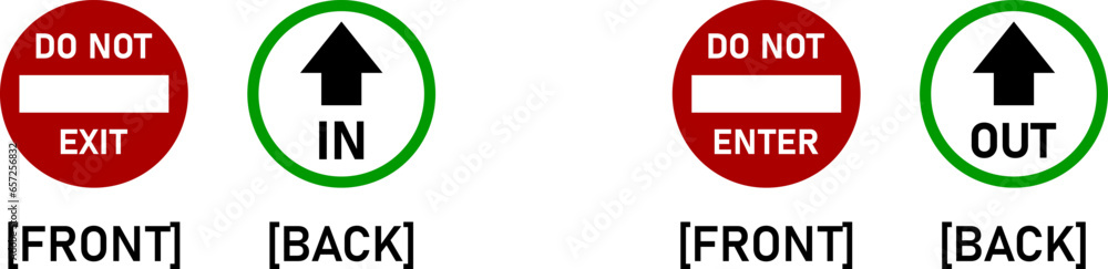 Red and Green Do Not Exit and In and Do Not Enter and Out Front and Back Door Window Sticker Adhesive Warning Sign Icon Set. Vector Image. Red and Green Do Not Exit and In and Do Not Enter and Out Front and Back Door Window Sticker Adhesive Warning Sign Icon Set. Vector Image.