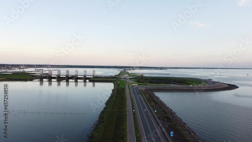 Wallpaper Mural Aerial view of the constructed road that crosses the North Sea and connects the towns of Lelystad and Enkhuizen. Atmosphere during sunset. Technological progress. 4k video Torontodigital.ca