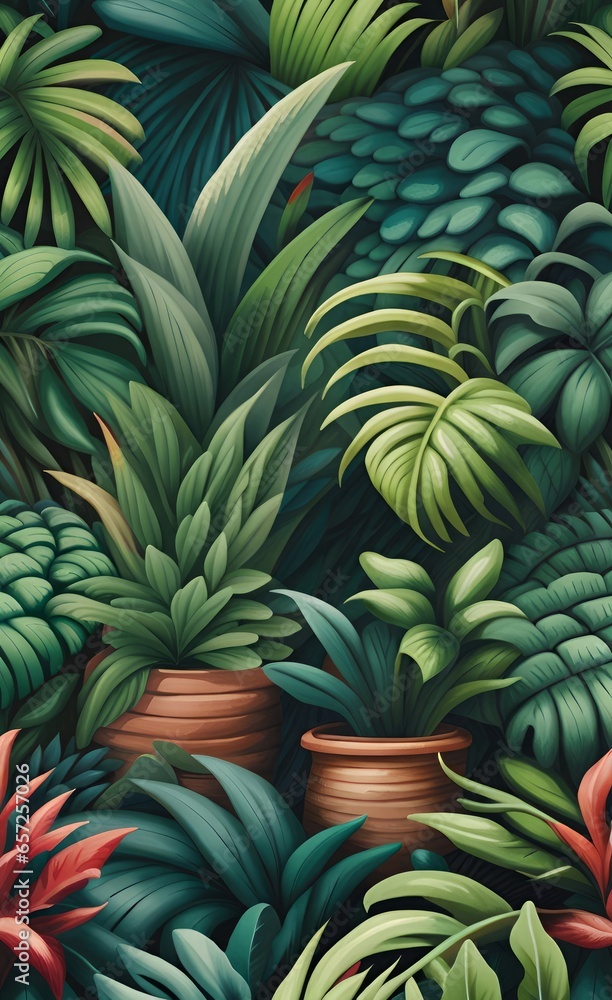 Fototapeta Painted tropical bushes. Seamless horizontal potter. For large format printing, Generative AI