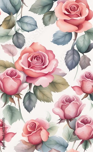 Rose wallpaper design with watercolor effect, pattern design, textile fabric, mural art, Generative AI