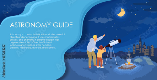 Astronomy guide advertising poster with dad and son observing night sky