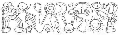 Doodle elements in children's style for wallpaper, background, textile, baby shop, invitation and greeting card. Vector illustration isolated on white 