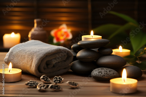 Burning candles, stones and towel on massage table in spa salon Generative AI