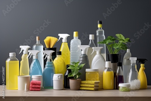 A closeup of a variety of colorful household cleaning products and tools, promoting hygiene and cleanliness.