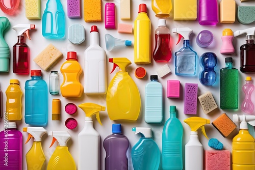 A collection of cleaning products and tools in various containers, promoting hygiene and cleanliness for household chores. photo