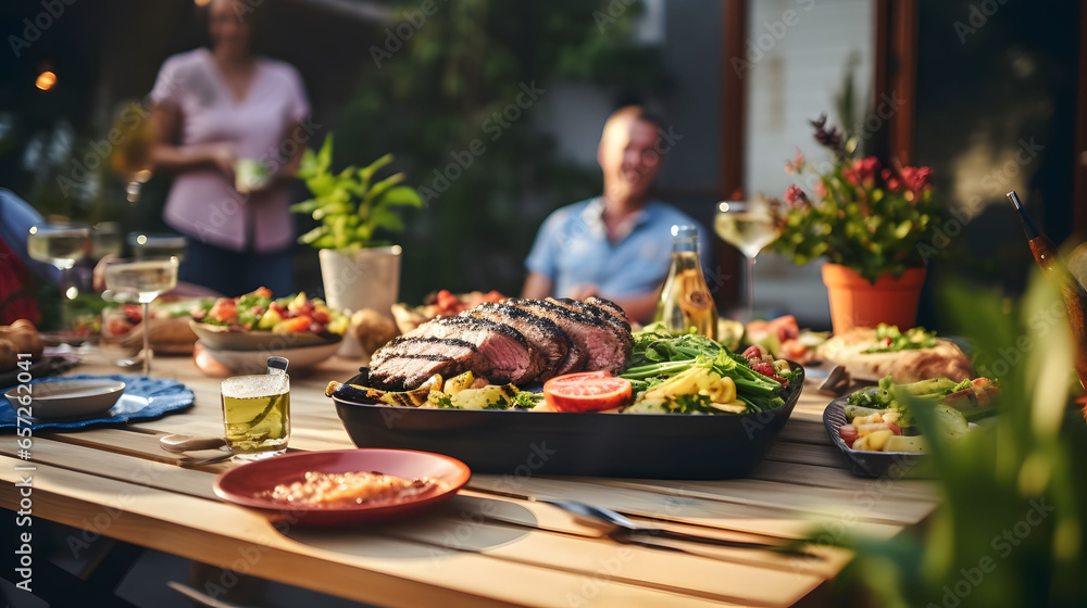 Backyard Dinner Table with Tasty Grilled Barbecue Meat, Fresh Vegetables and Salads