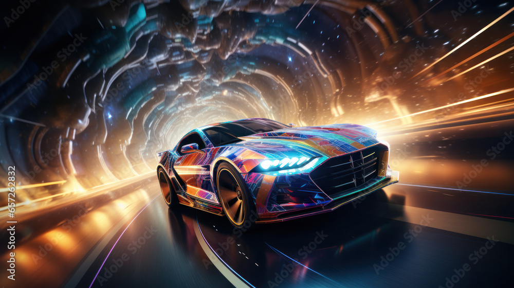 Naklejka premium A car drives in space on a rainbow road, Generative AI