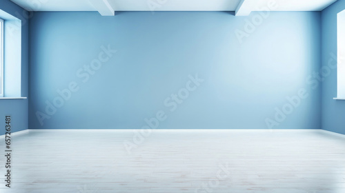 Minimal abstract empty interior background. Blue walls. Big side windows.