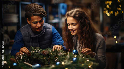 A couple makes a Christmas wreath on the door.