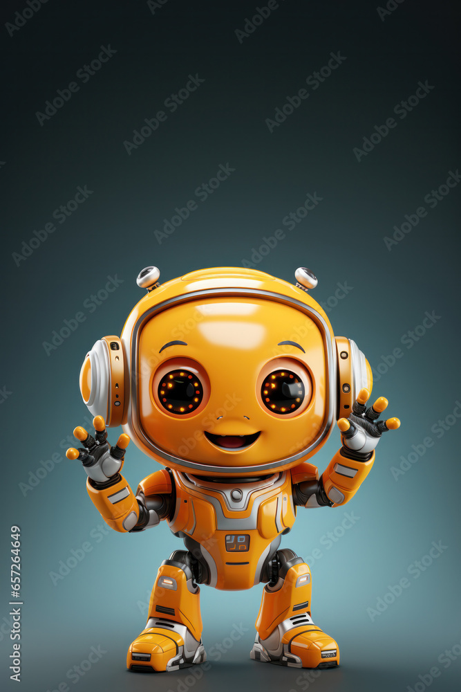 A yellow robot smiles, standing against a blue background, generative AI A yellow robot smiles, standing against a blue background, generative AI