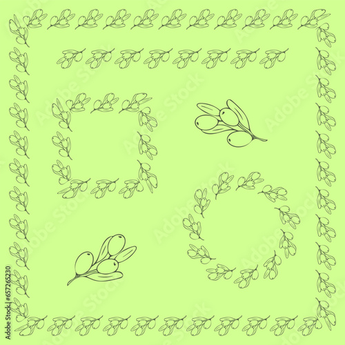 Set of olive. Olive brush. Circular olive frame. Decorative round frames on green background  vector illustration.
