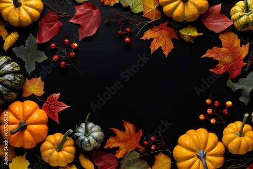 Autumnal black isolated background with colorful leaves and pumpkins Generative AI