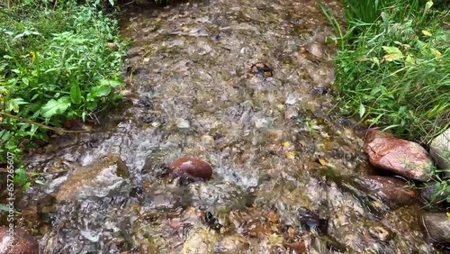 Small mountain river with cry stal claer water. Clear steam running through stone boulders. High quality FullHD footage photo