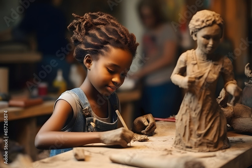 African-American girl sculpts a clay craft while sitting at a table in workshop
