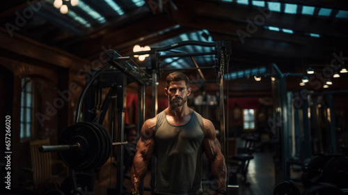 Bodybuilder stands in the gym, generative AI