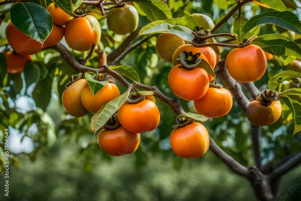 A persimmon tree showcasing firm, bright orange persimmons