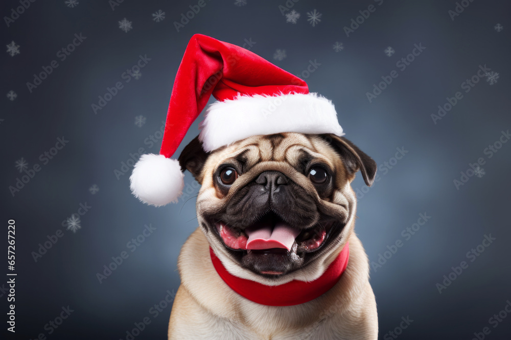 Happy smiling French bulldog dog portrait in Christmas red hat with pompon on snowy background. Winter holidays concept