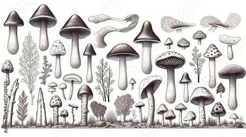 Sketch black and white drawing of mushrooms. Generative AI