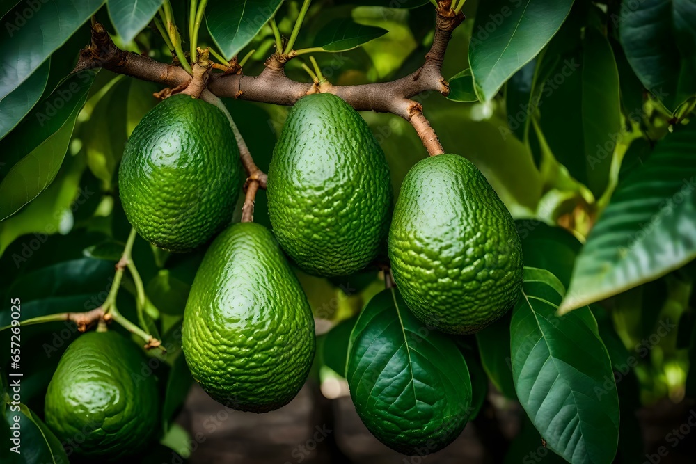 An avocado tree displaying green avocados ready for harvest