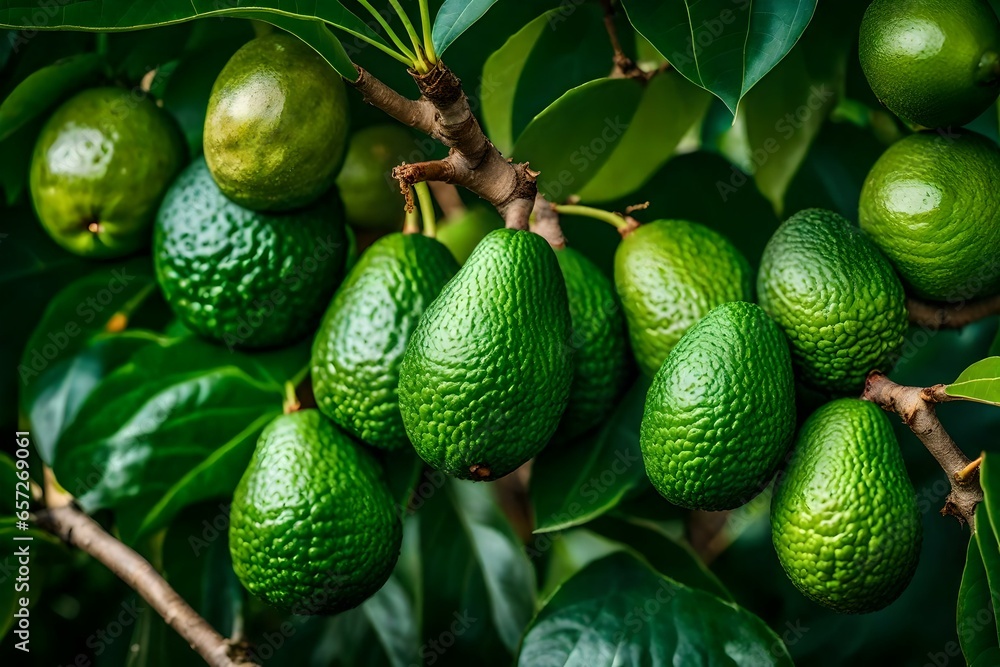 An avocado tree displaying green avocados ready for harvest