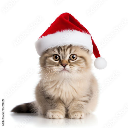 Cute kitten wearing red christmas hat look at camera, isolated on white background