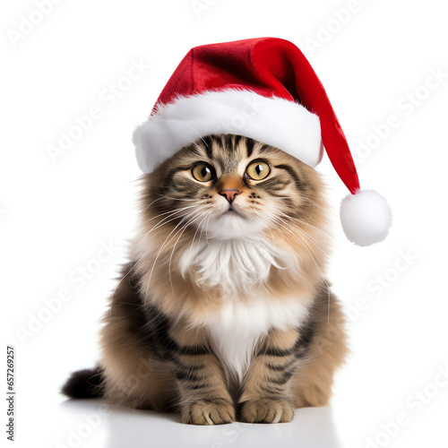 Cute kitten wearing red christmas hat look at camera, isolated on white background