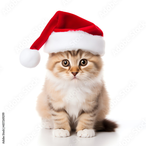 Cute kitten wearing red christmas hat look at camera, isolated on white background © Nuchylee