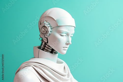 Woman android cyborg face. Futuristic robotic model.