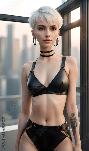 Modern trend girl  checker style short top  latex  leather  sexy model beautiful pose  short stylish hair  Generative AI