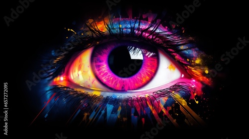 A close up of an eye with bright colors